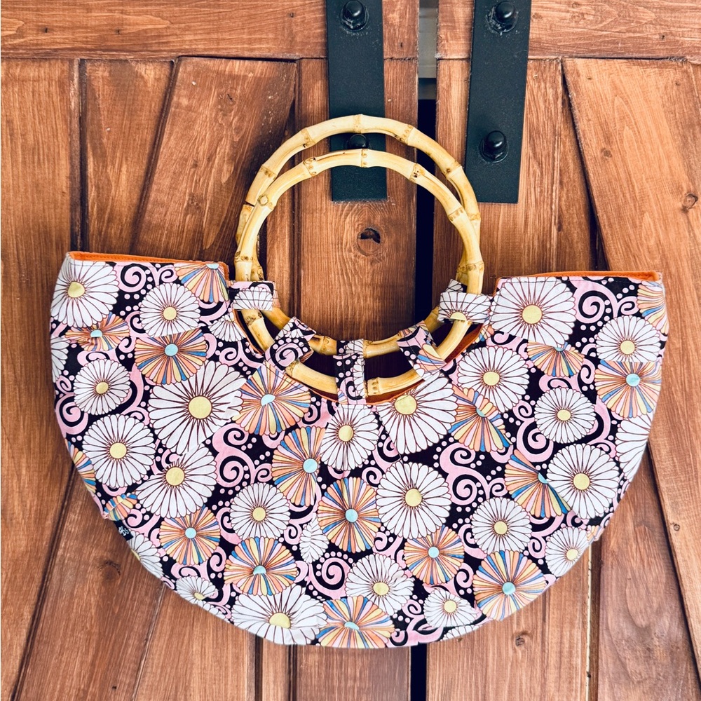 Pink and Orange Crescent Tote with Bamboo Handles